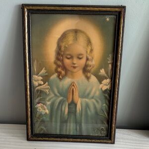 Vintage (1935) Framed Praying Child Lithograph